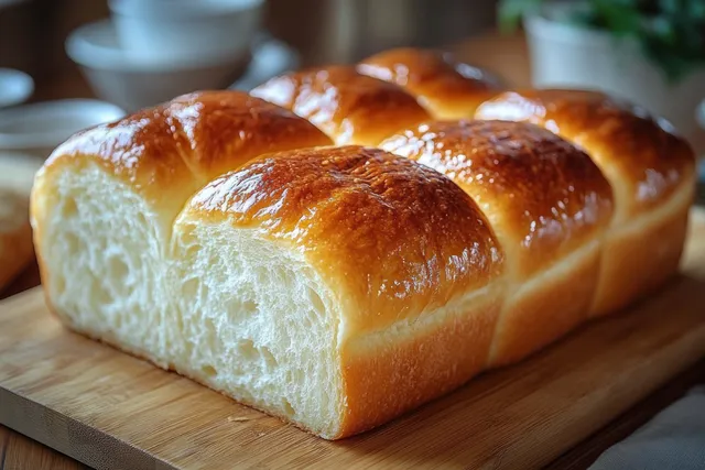 Golden-brown soft bread loaf with fluffy crumb on a wooden cutting board in a cozy kitchen.