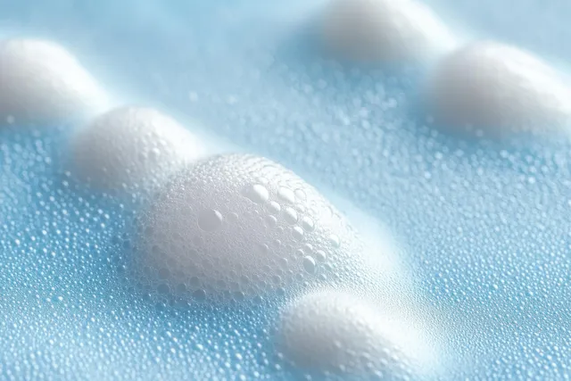 Creamy facial cleansing mousse foam with rounded bubbles on a light blue background.