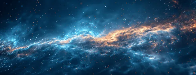 Dark blue cosmic nebula glow with bright dust streaks and a grainy noisy texture across the background.