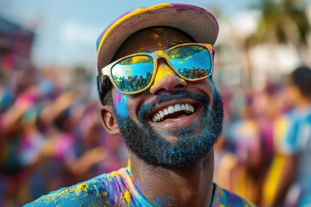 Smiling man in a cap and reflective sunglasses covered with colorful powder at an outdoor festival.