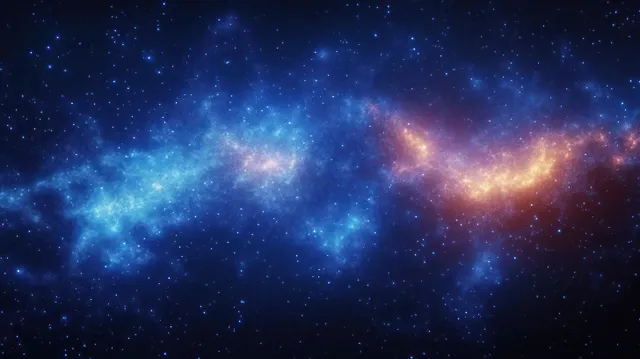 Blue and orange star clusters glow across a deep space nebula backdrop