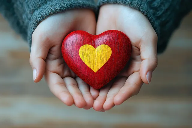 Woman’s hands cupping a red wooden heart with a smaller gold heart inside