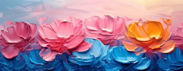 Close-up view of pastel rose petals painted with soft blue and pink impressionist brushstrokes.