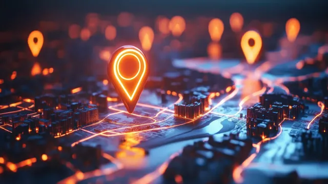 Neon cyberpunk city map with glowing GPS location pins and route lines over illuminated roads at night.