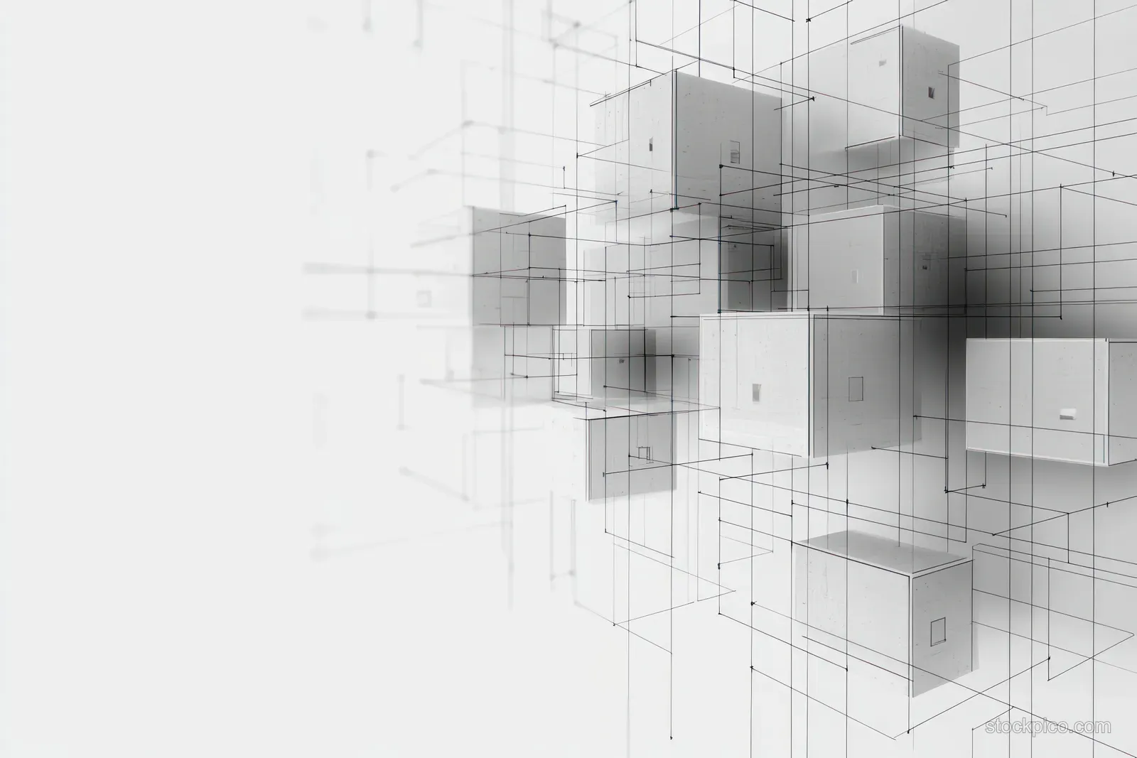 Connected floating wireframe cubes intersect with a grid, forming a deep abstract architectural perspective.
