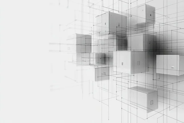 Connected floating wireframe cubes intersect with a grid, forming a deep abstract architectural perspective.