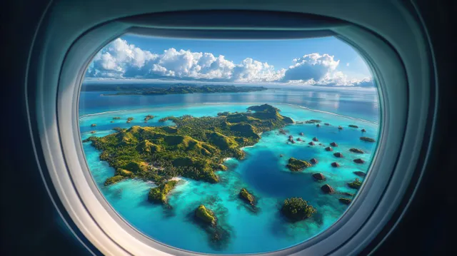Aerial tropical island scenery viewed through an airplane window with turquoise lagoons