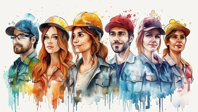 Diverse Workers in Hard Hats, Watercolor Portrait Group Illustration