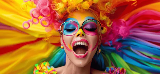 Drag queen portrait with yellow wig and rainbow makeup smiling against a swirling rainbow background.