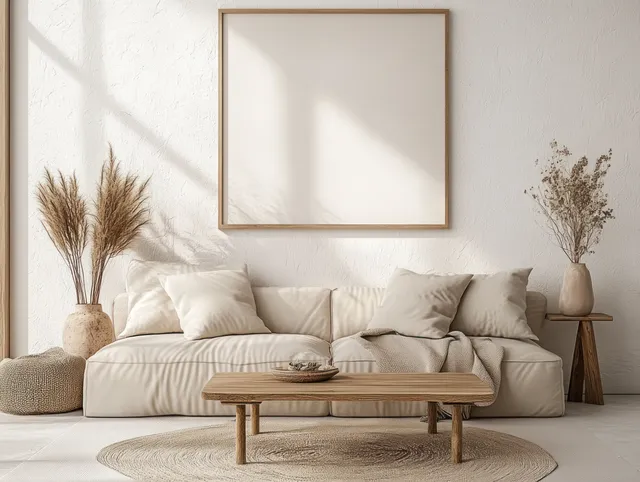 Beige sofa and wooden coffee table in a bright minimalist living room with dried flowers and soft sunlight shadows.