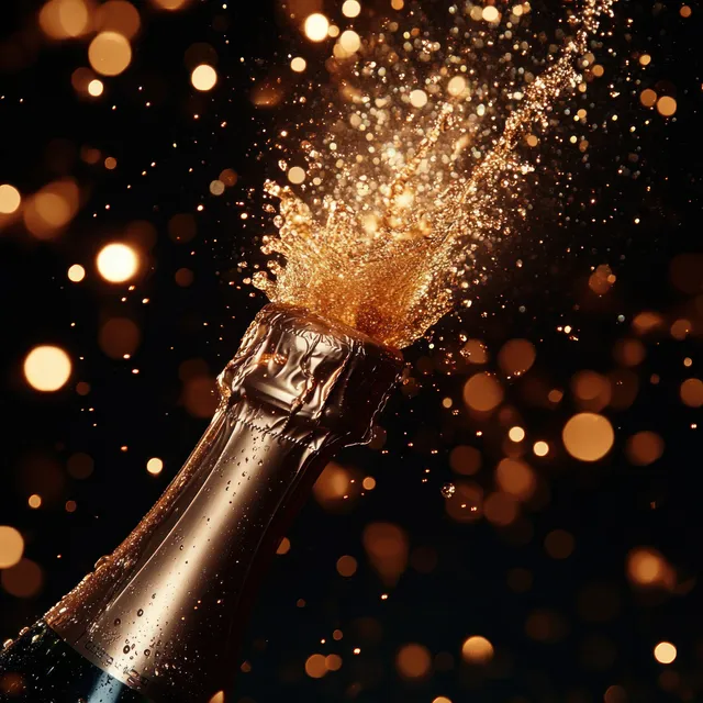 Champagne bottle uncorked as golden bubbles erupt, sparkling splash against warm bokeh lights
