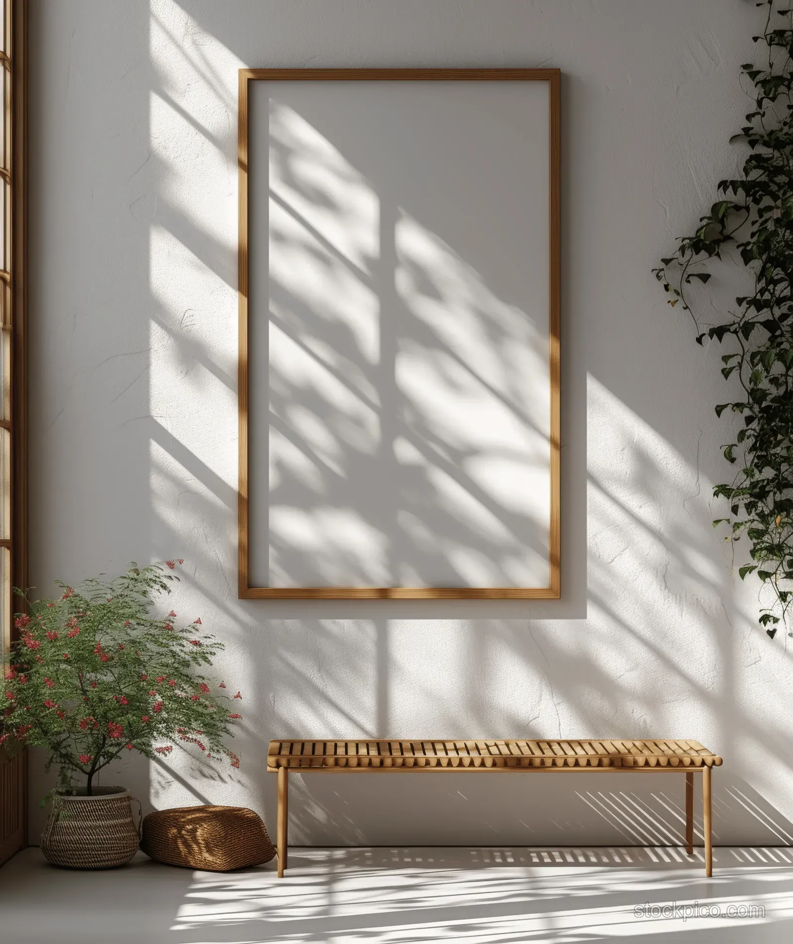Blank wooden picture frame hangs on a sunlit wall with leaf-shaped shadows and plants nearby.