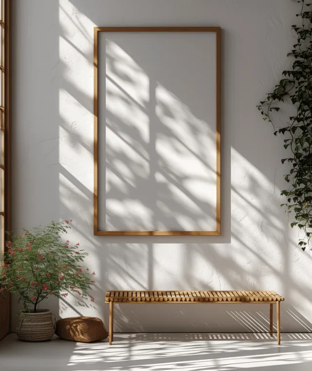 Blank wooden picture frame hangs on a sunlit wall with leaf-shaped shadows and plants nearby.