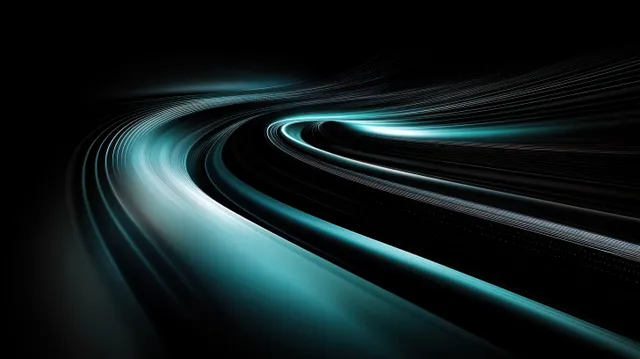 Futuristic curved light trails in blue and white glow against a black background, evoking speed and high-tech energy.