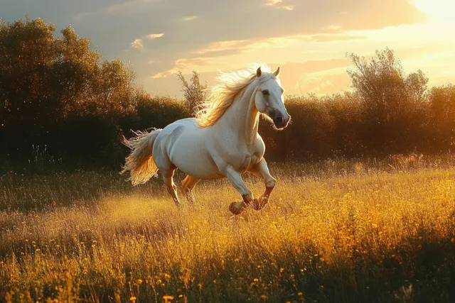 White horse galloping across a Texas meadow at sunset while wearing a fly mask.
