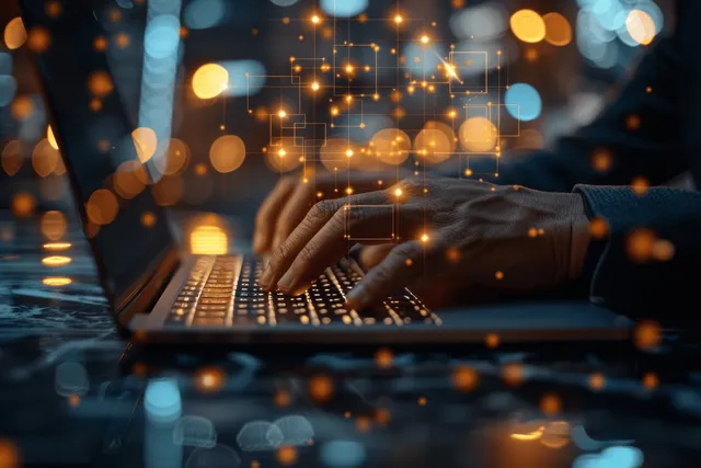 Hands type on a laptop keyboard with glowing network and learning interface graphics floating in the dark.
