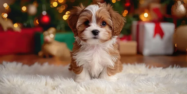 Small brown and white puppy sitting on a fluffy white rug with blurred Christmas lights and wrapped gifts behind it.