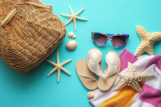 Beach essentials flat lay showing a woven bag, starfish, seashells, sunglasses, flip flops, and a folded towel on blue.