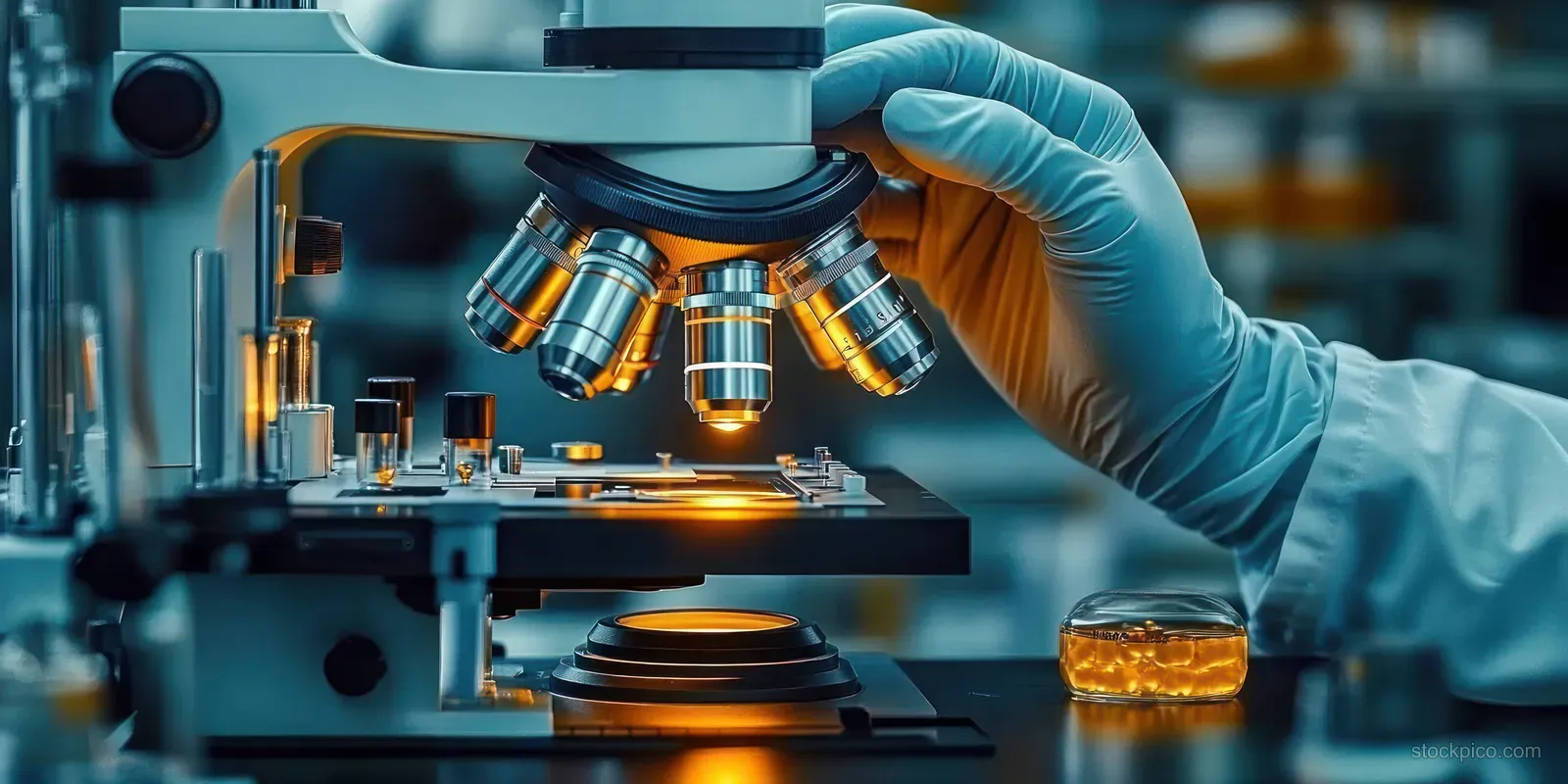 Scientist in blue gloves adjusts a microscope in a warm-lit laboratory.