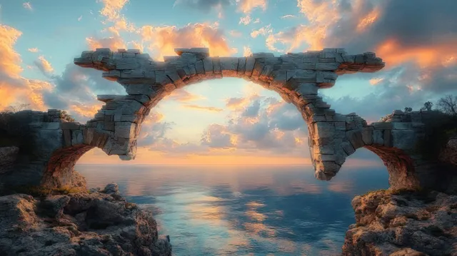 Ancient broken stone arch bridge spanning calm sea at sunset, vibrant sky and rocky cliffs