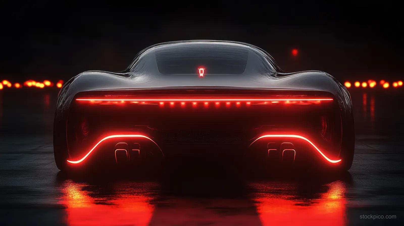 A sleek black sports car shows glowing red LED taillights with reflections on a wet night roadway.