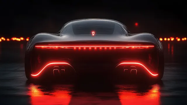 A sleek black sports car shows glowing red LED taillights with reflections on a wet night roadway.