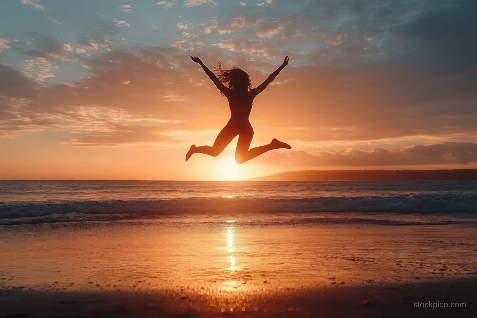 Silhouette of a person joyfully jumping on a beach at sunset with calm ocean waves and warm sky light.