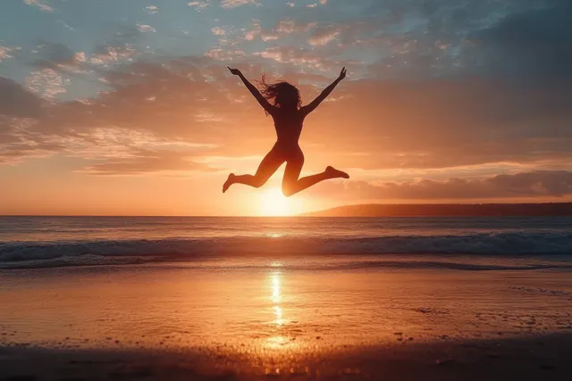 Silhouette of a person jumping joyfully on a beach at vibrant sunset over calm ocean