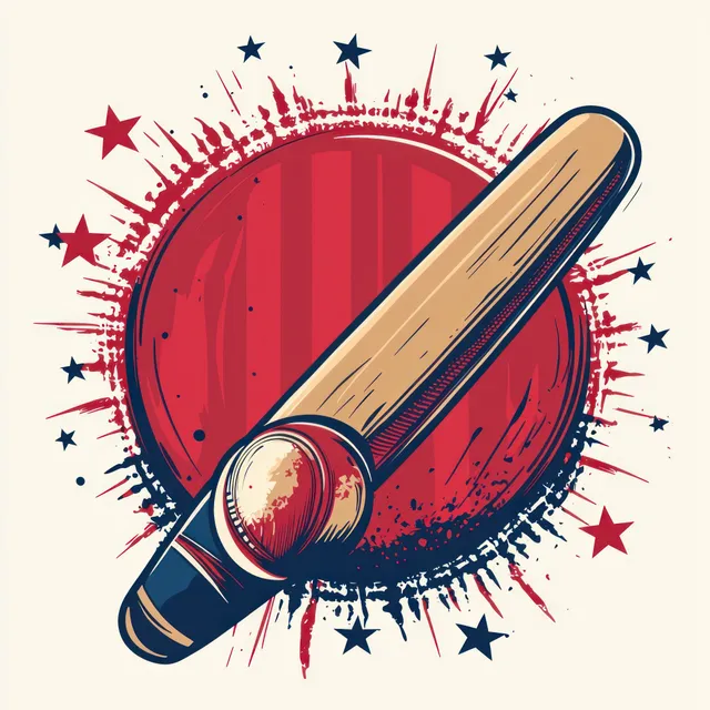 Wooden cricket bat and ball bursting from a bold red splattered starburst circle