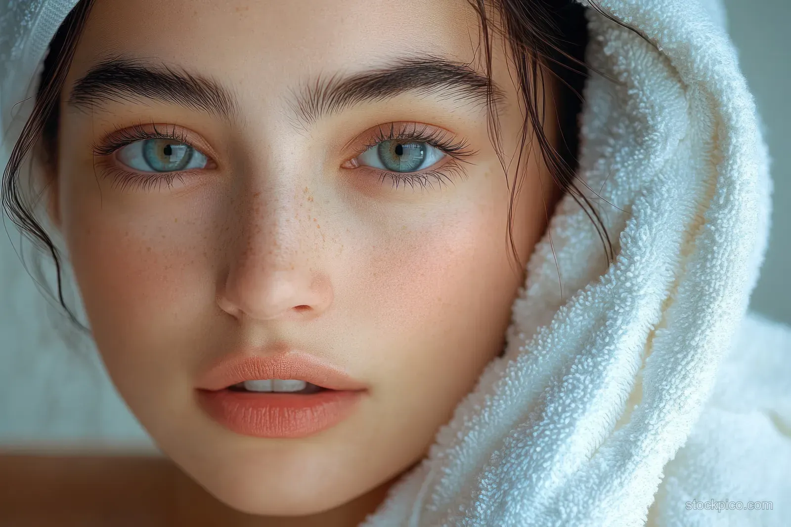 Asian woman with blue eyes wrapped in a towel looks calmly at the camera under soft natural light.