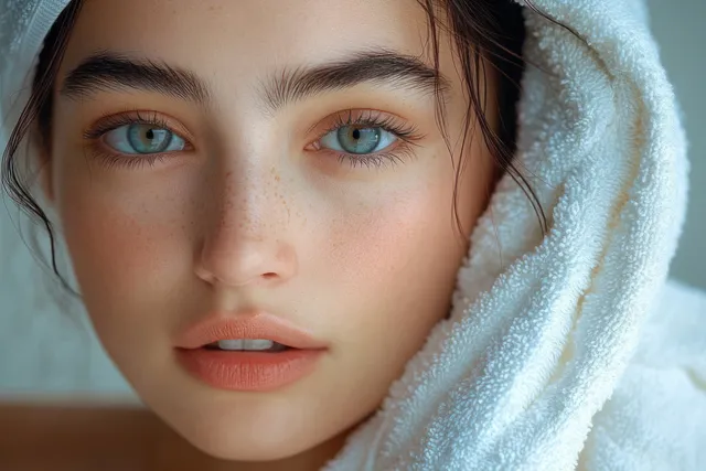 Asian woman with blue eyes wrapped in a towel looks calmly at the camera under soft natural light.