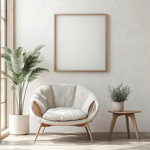 Gray velvet armchair in a minimal living room with a blank framed poster, potted plants, and a sunlit window.