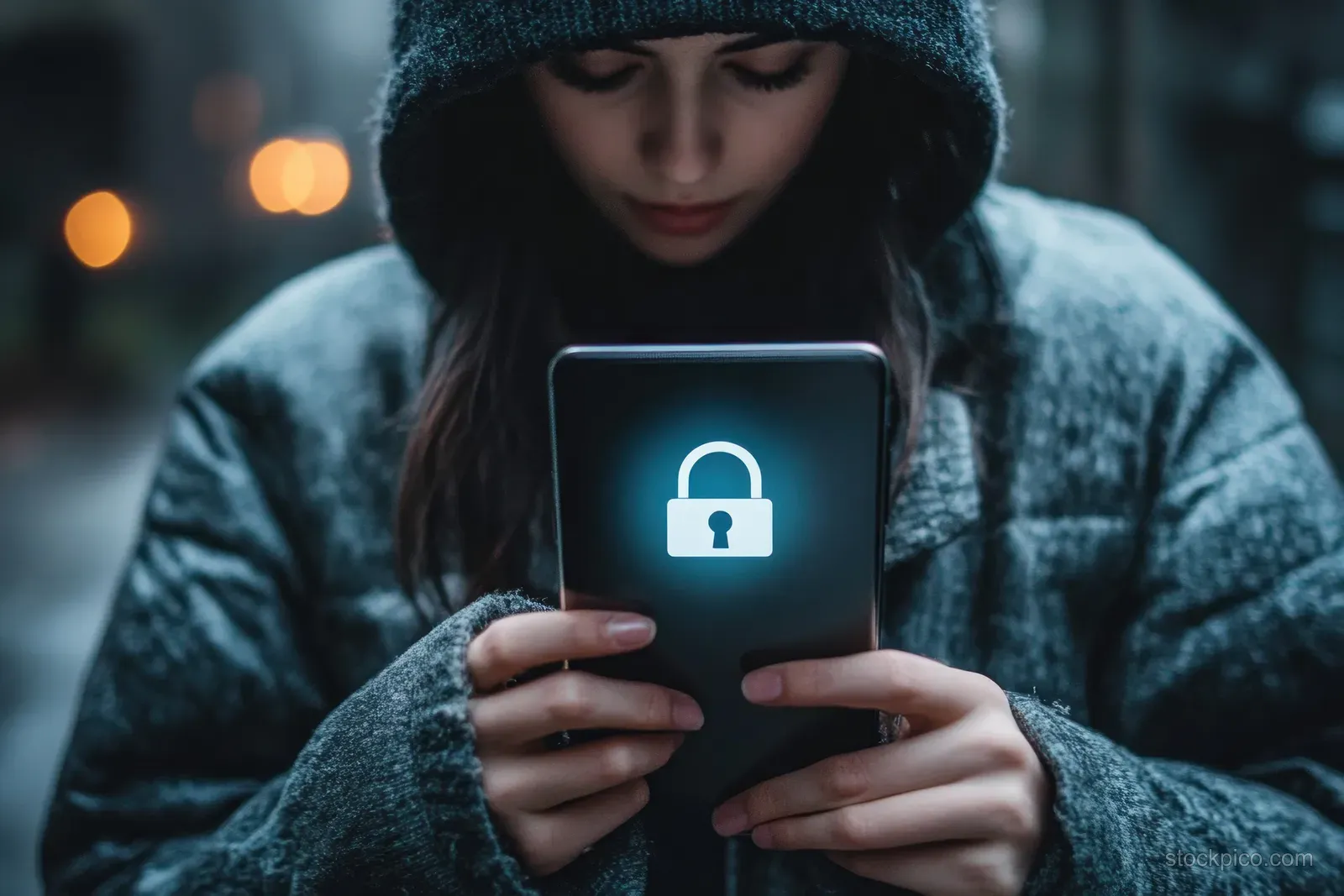 A person holds a smartphone with a lock icon glowing against a dark blurred cybersecurity background.
