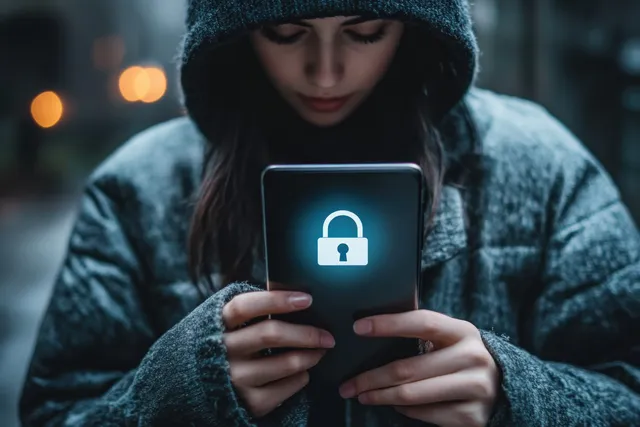 A person holds a smartphone with a lock icon glowing against a dark blurred cybersecurity background.