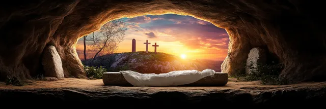 Sunrise shines through an empty stone tomb entrance with three distant crosses beyond the doorway.