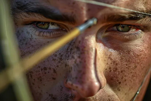 Close-up of a focused U.S. archer drawing a bowstring with dust on their face during a team archery event.