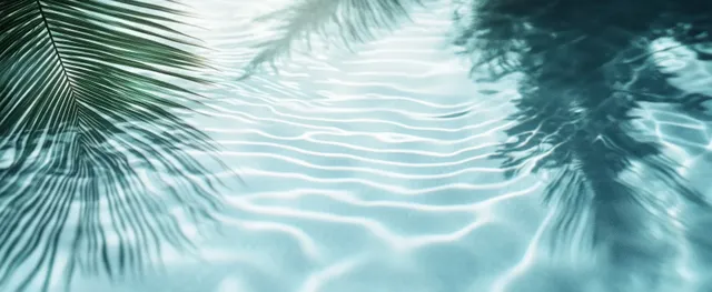 Calm tropical water surface with palm leaf shadows and gentle ripples at daylight