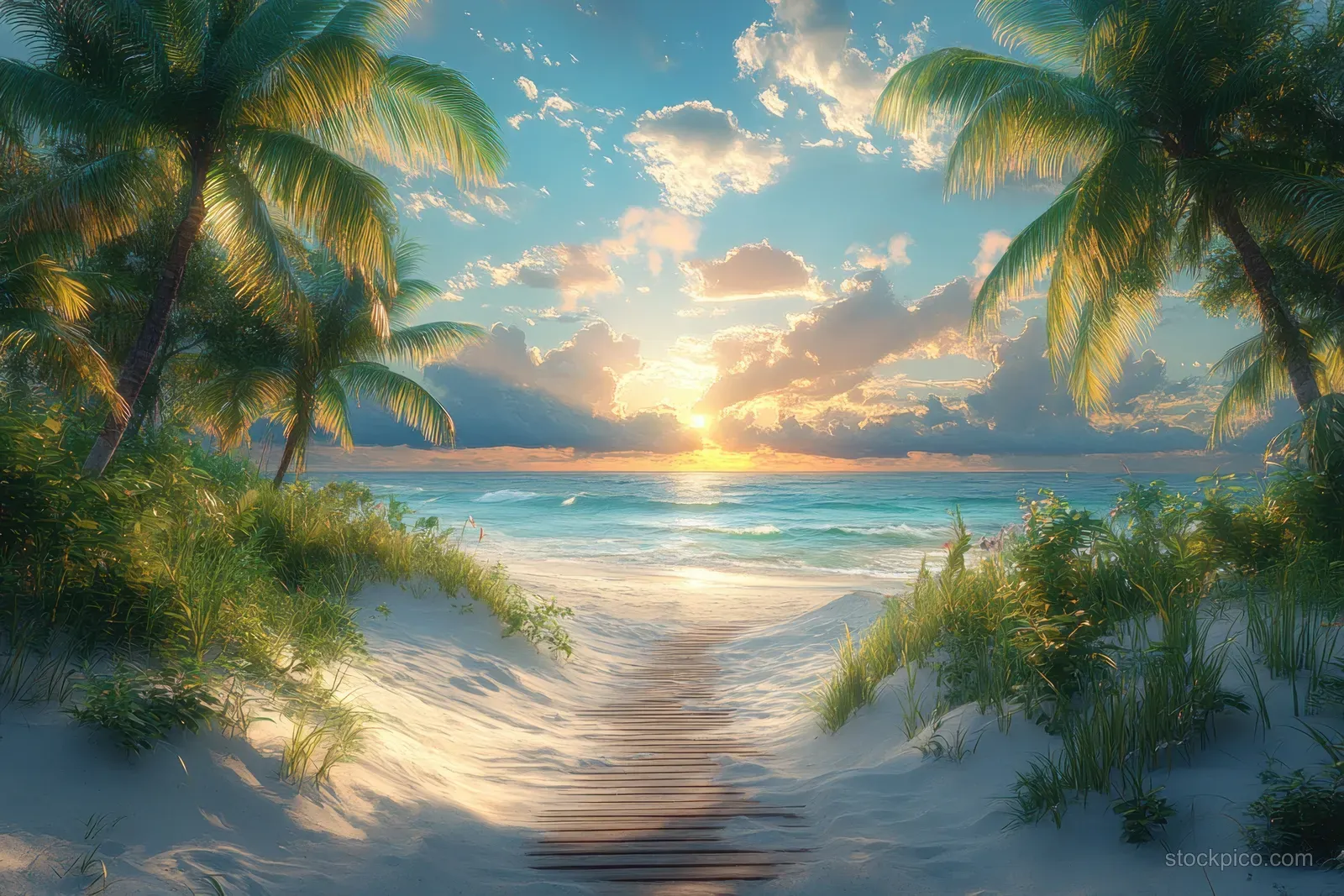 Palm trees frame a wooden boardwalk over white sand as sunset light reflects on the ocean.