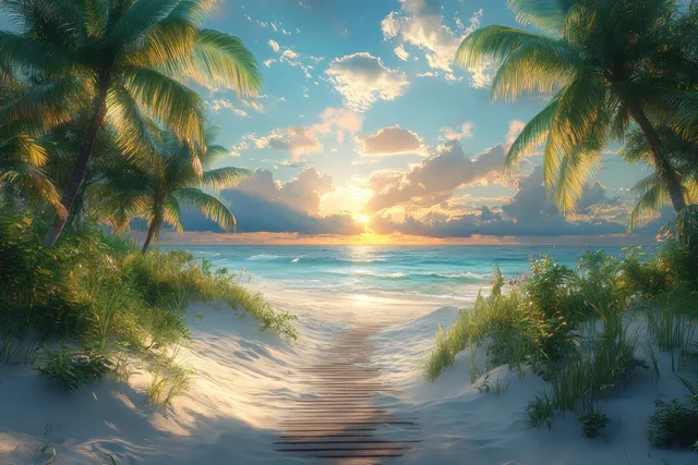 Palm trees frame a wooden boardwalk over white sand as sunset light reflects on the ocean.