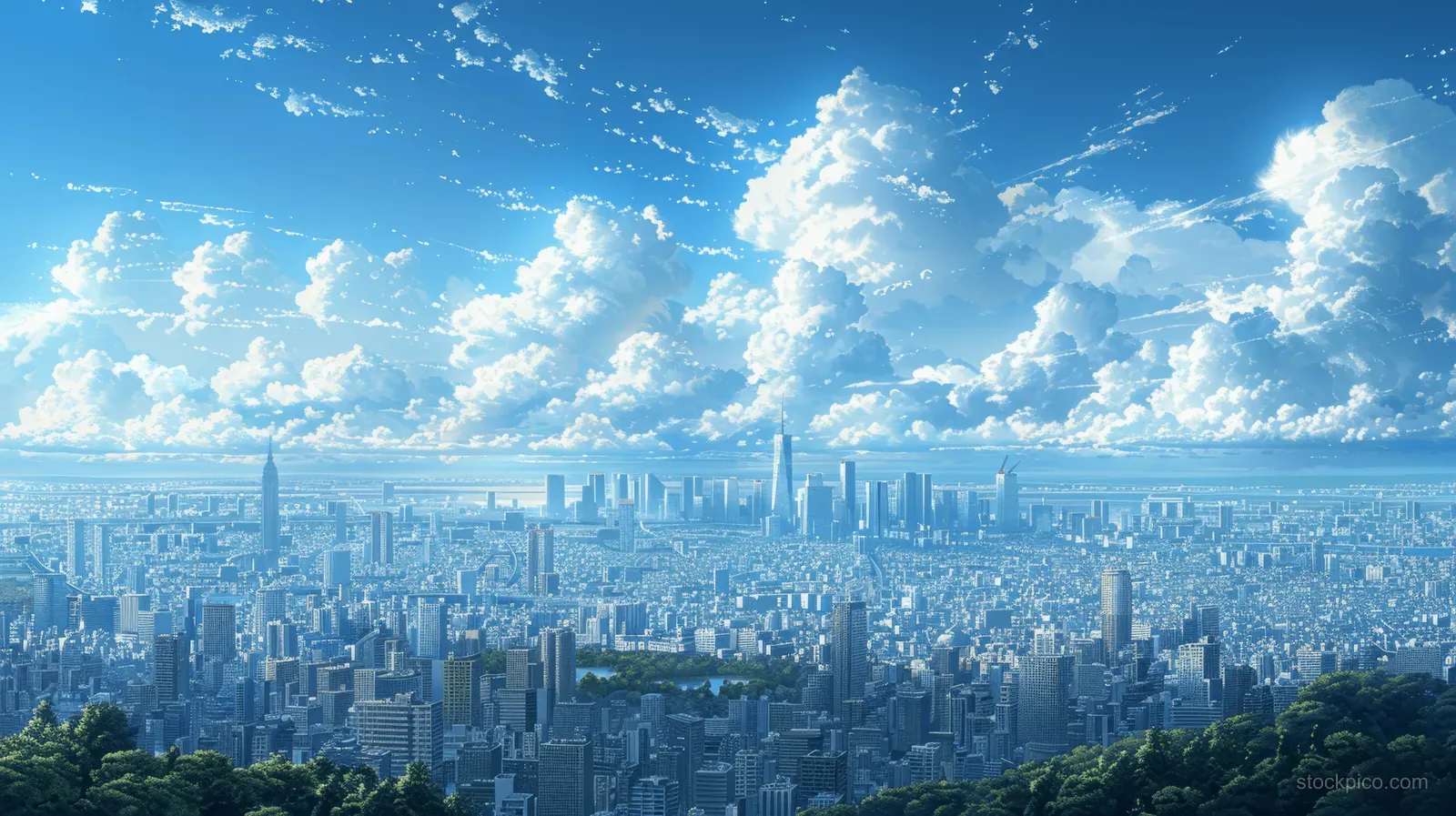 Anime Tokyo skyline with office skyscrapers and distant buildings under a bright blue cloud-filled sky.