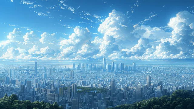 Anime Tokyo skyline with office skyscrapers under bright blue sky, vibrant clouds and distant city