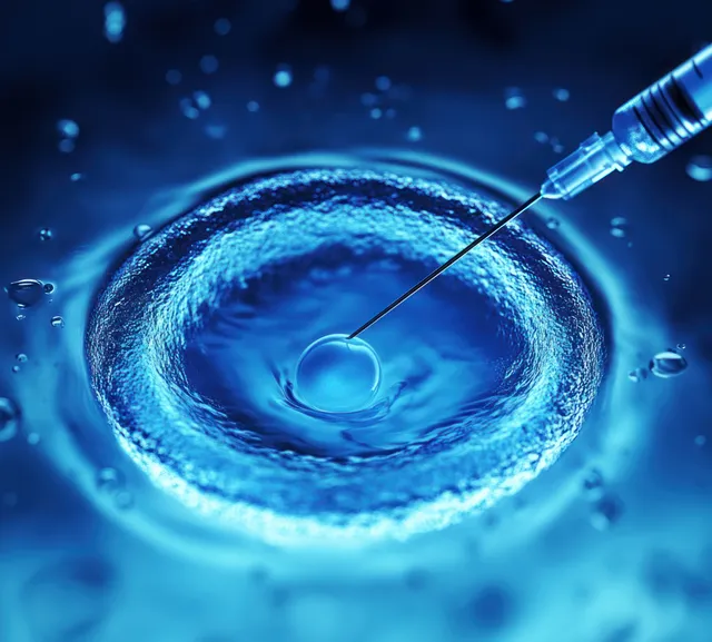 A micro-syringe needle targets a single cell suspended in a blue-lit fluid under laboratory conditions.