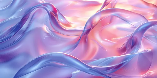 Iridescent holographic liquid glass waves in soft blue-purple light with ribbon-like reflections