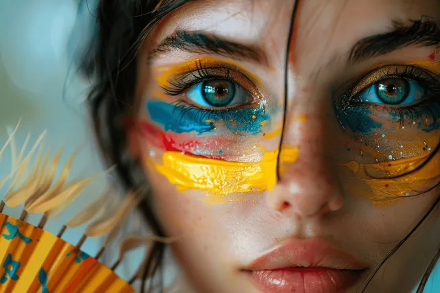 German football fan girl with painted flag colors on her face holds a fan in front of a blurred stadium crowd.