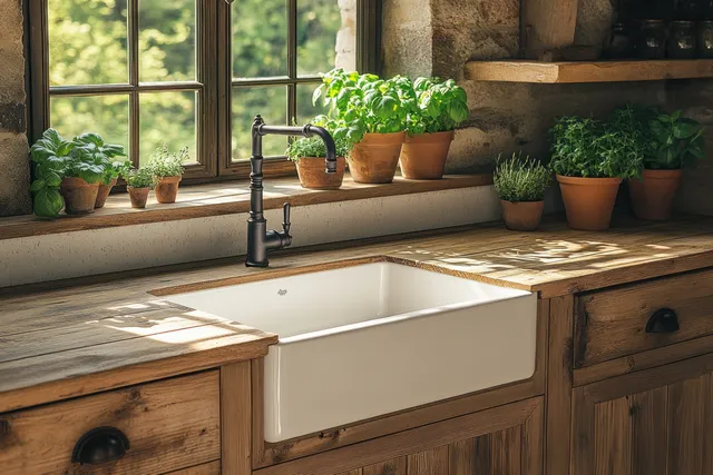 White farmhouse sink beneath a wooden window with potted herbs and green plants in warm daylight.