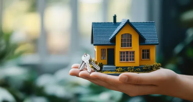 Hand holding a small yellow house model and keys in front of a blurred outdoor background.