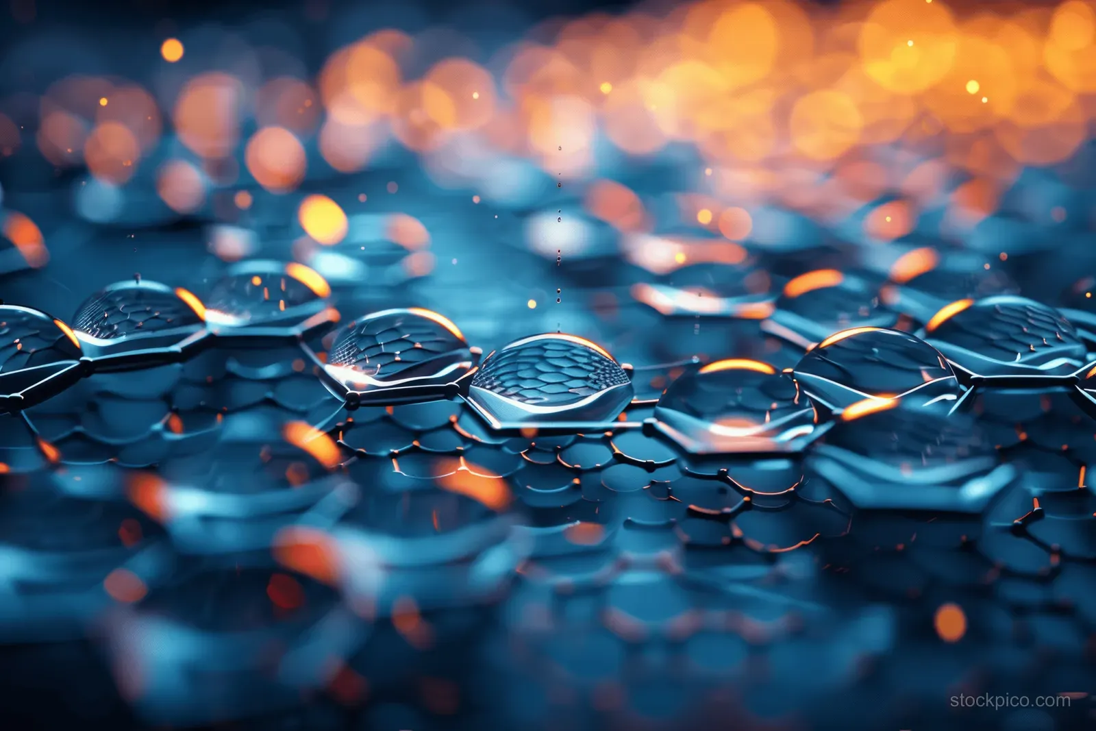 Reflective blue carbon dots form a glowing lattice network on a blurred molecular background.
