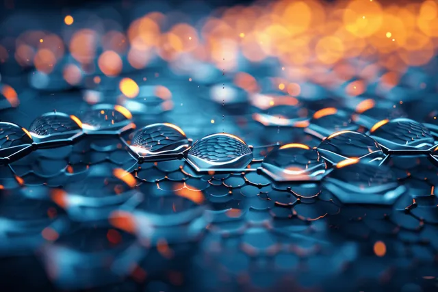 Glowing blue lattice of carbon dots forming nanotech network over blurred molecular background