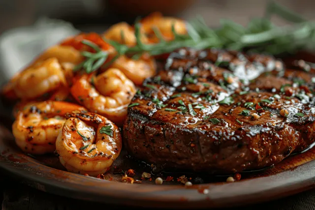 Grilled steak with shrimp platter, charred sear and herbs on a dark plate