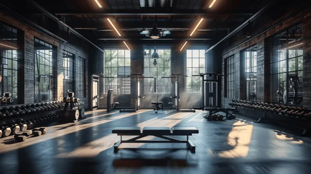 Sunlit modern gym interior showing a black bench press, dumbbells, mirrors, and large windows over a dark wooden floor.